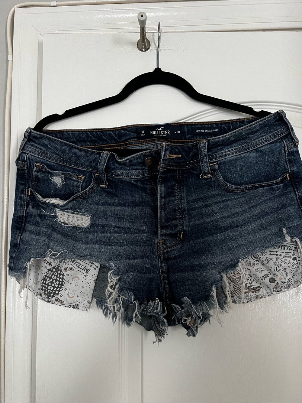 Hollister Dark Wash Distressed Denim Shorts with Printed Underlay
